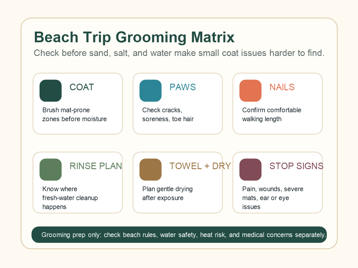 Beach trip grooming matrix for coat, paws, nails, rinse plan, drying, and stop signs