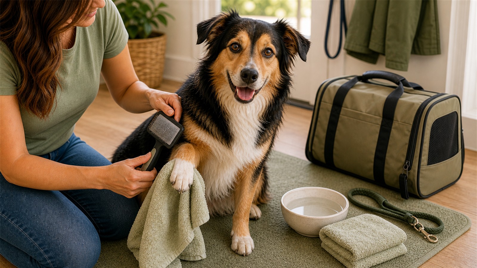 Calm dog being brushed before boarding with a travel bag, towel, leash, and water bowl nearby