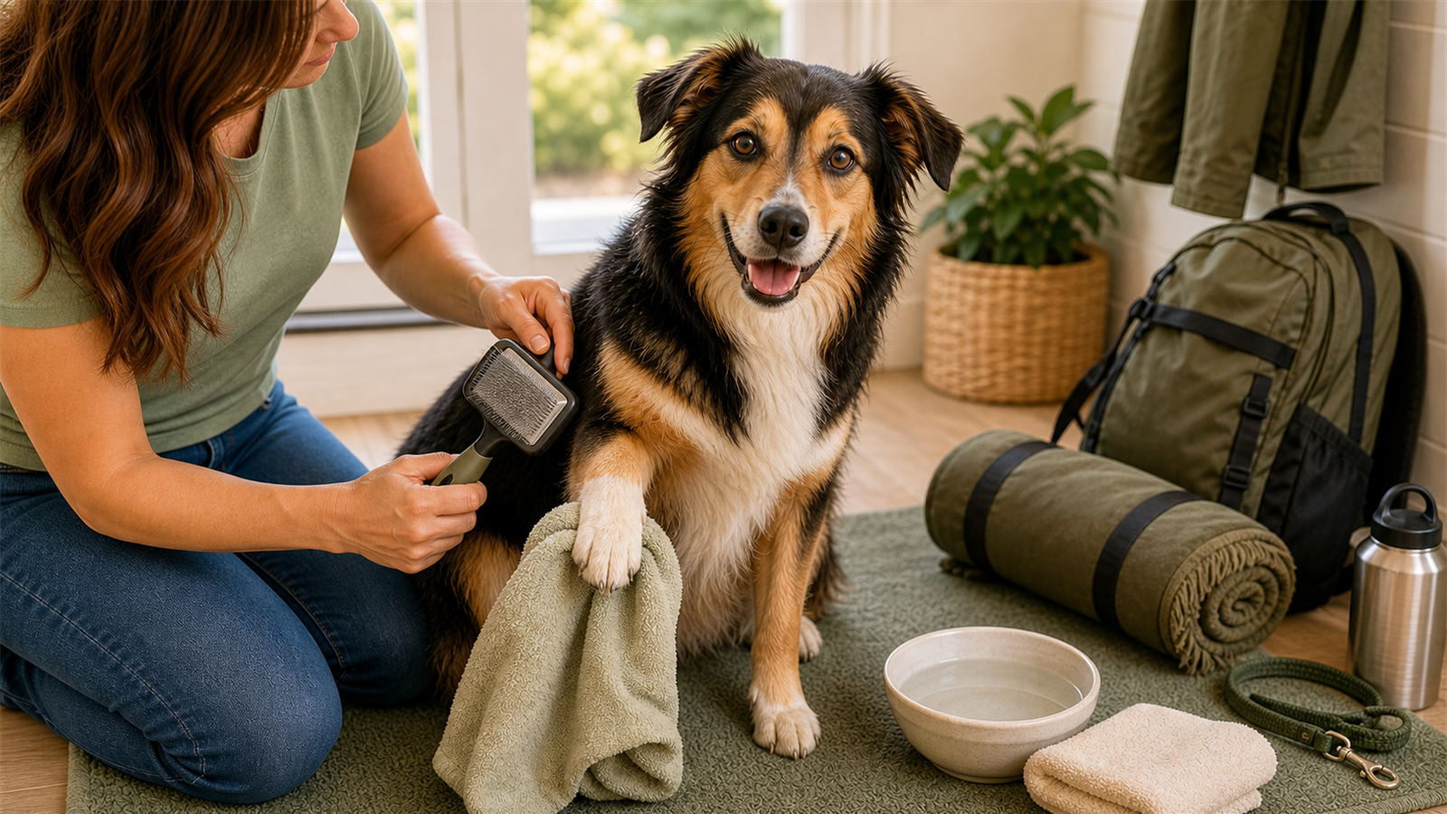 Calm dog being brushed before a camping trip with a blanket and camping bag nearby