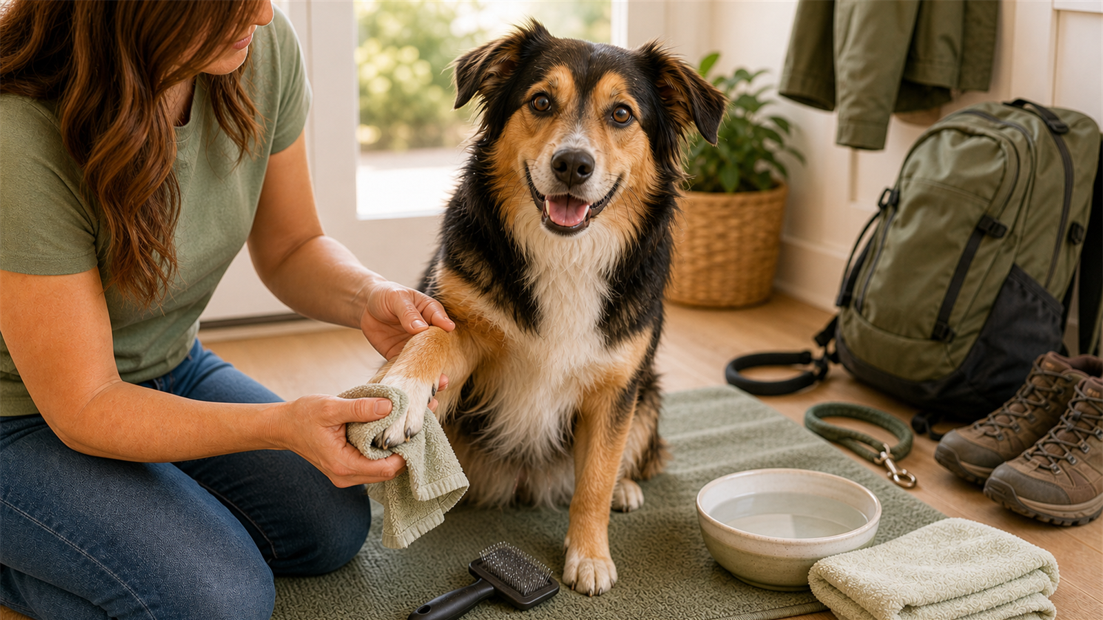 Calm dog having a paw wiped before a hiking trip with boots and backpack nearby