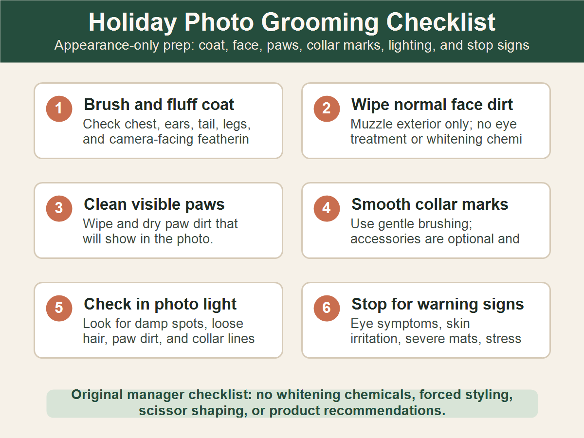 Holiday photo dog grooming checklist for coat fluff, face wipe, paw cleanup, collar marks, lighting checks, and stop signs.