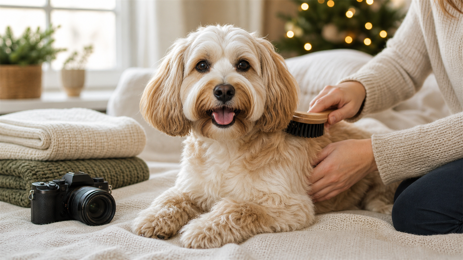 Calm dog being brushed before holiday photos with a simple blanket and camera setup nearby