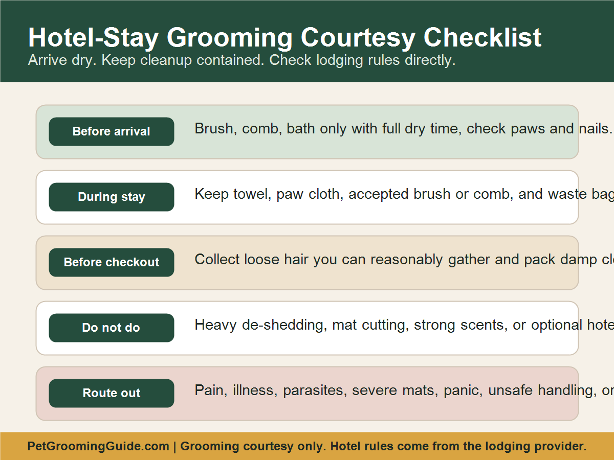 Hotel-stay dog grooming courtesy checklist with before arrival, during stay, before checkout, do not do, and route out steps
