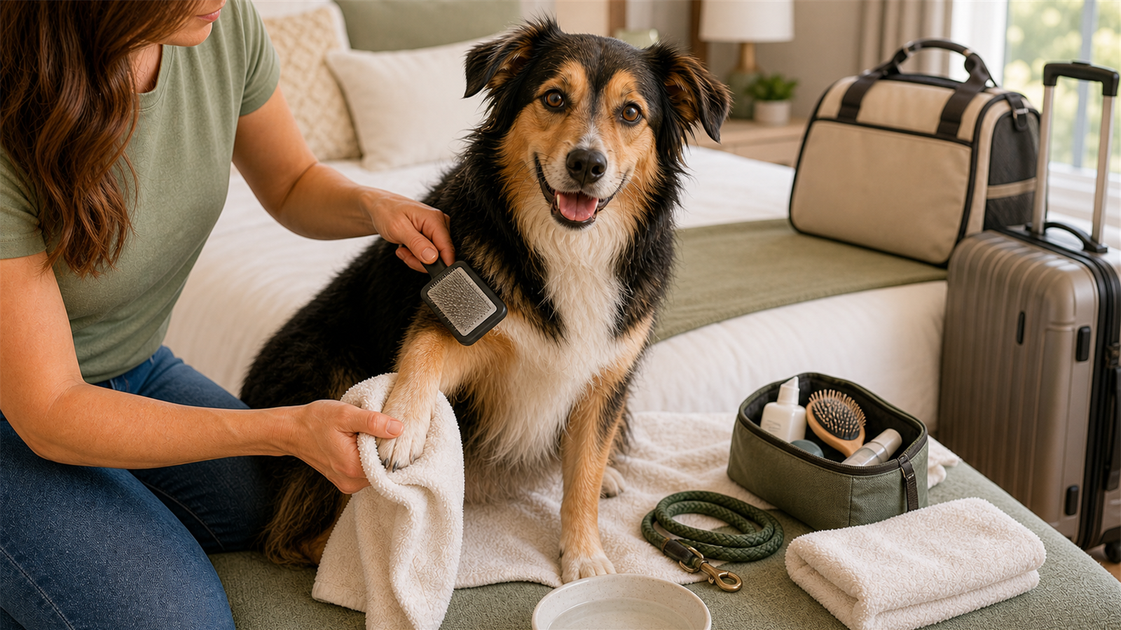 Calm dog being brushed on a towel before a hotel stay with luggage and grooming pouch nearby