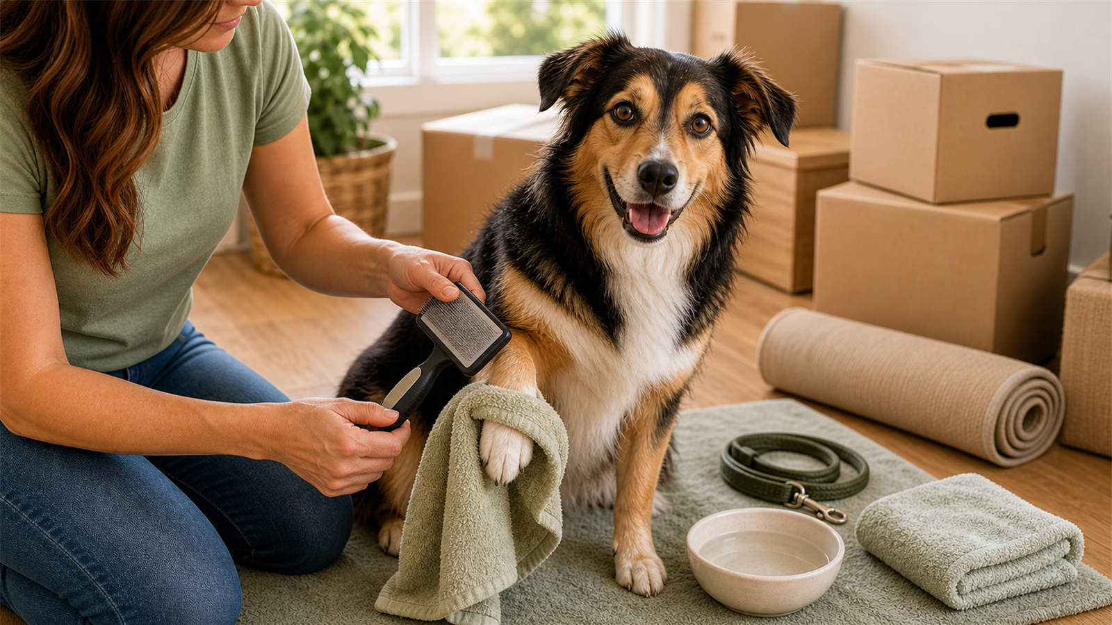 Calm dog being brushed before moving house with neat boxes and towels nearby