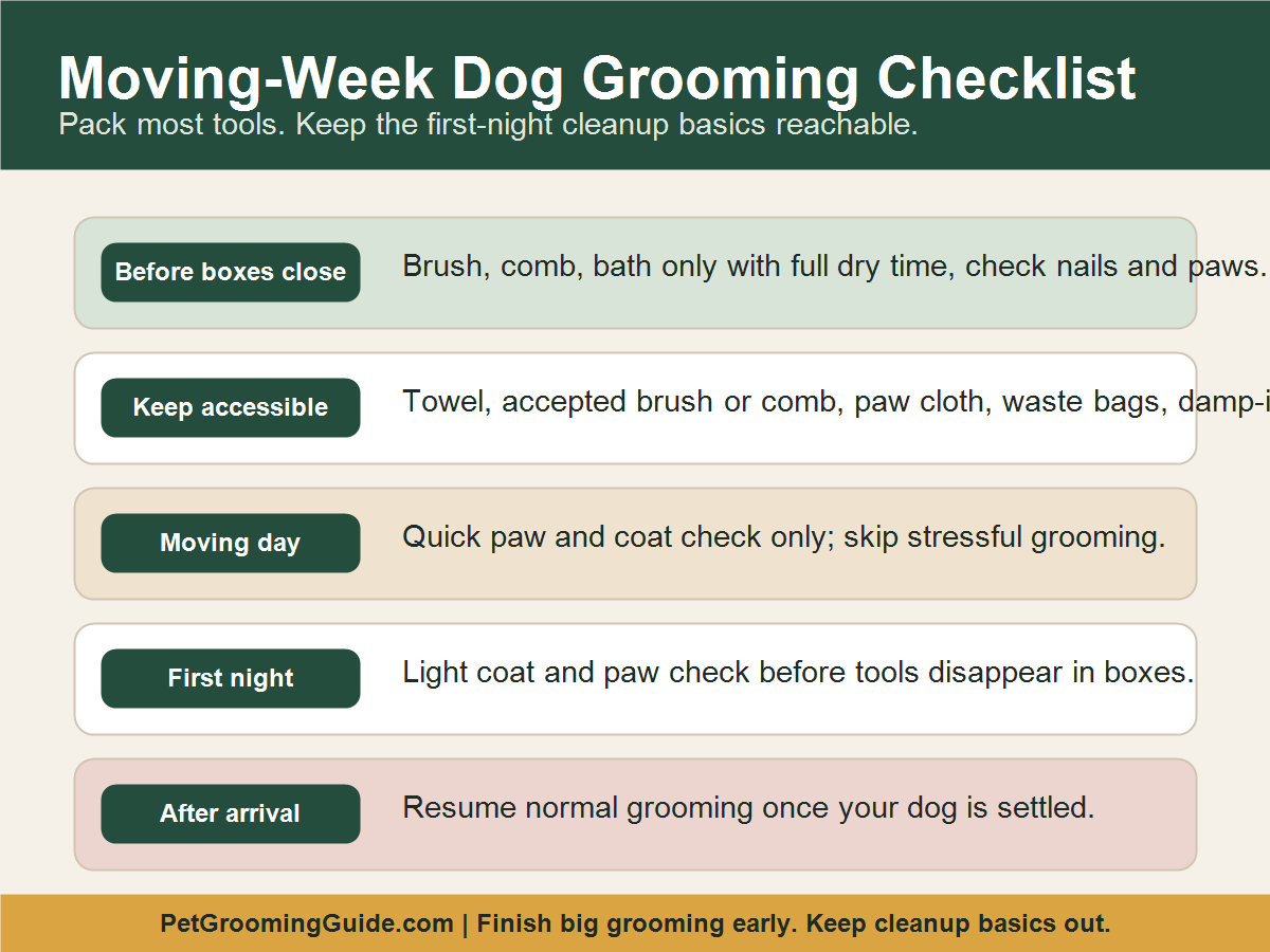 Moving-week dog grooming checklist with before boxes close, keep accessible, moving day, first night, and after arrival steps