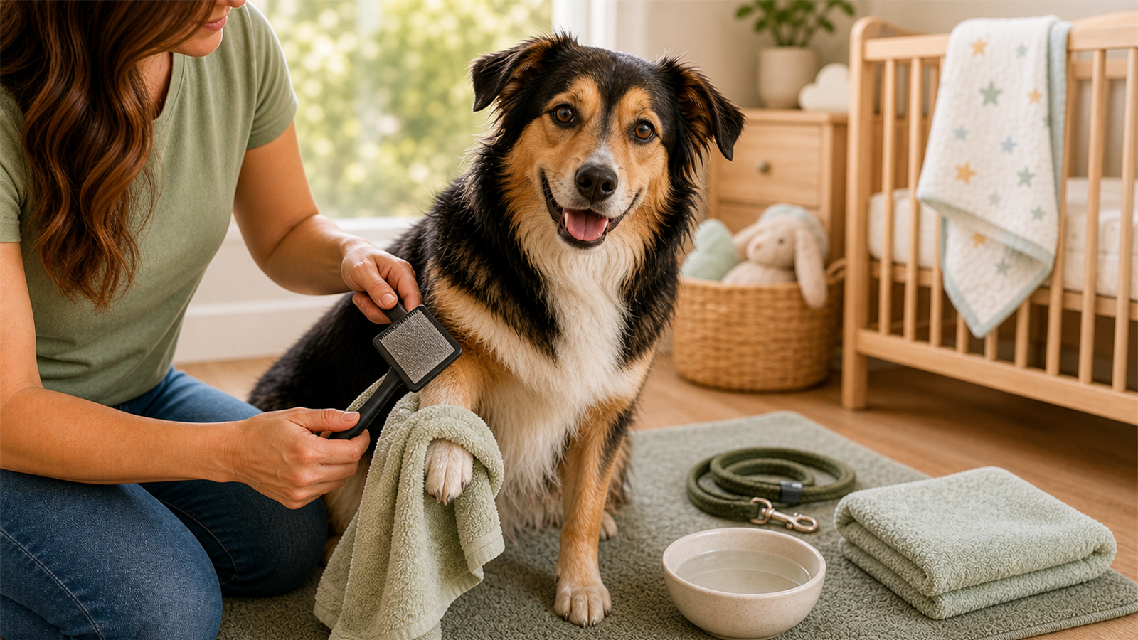 Calm dog being brushed before a new baby arrives with nursery blanket in the background