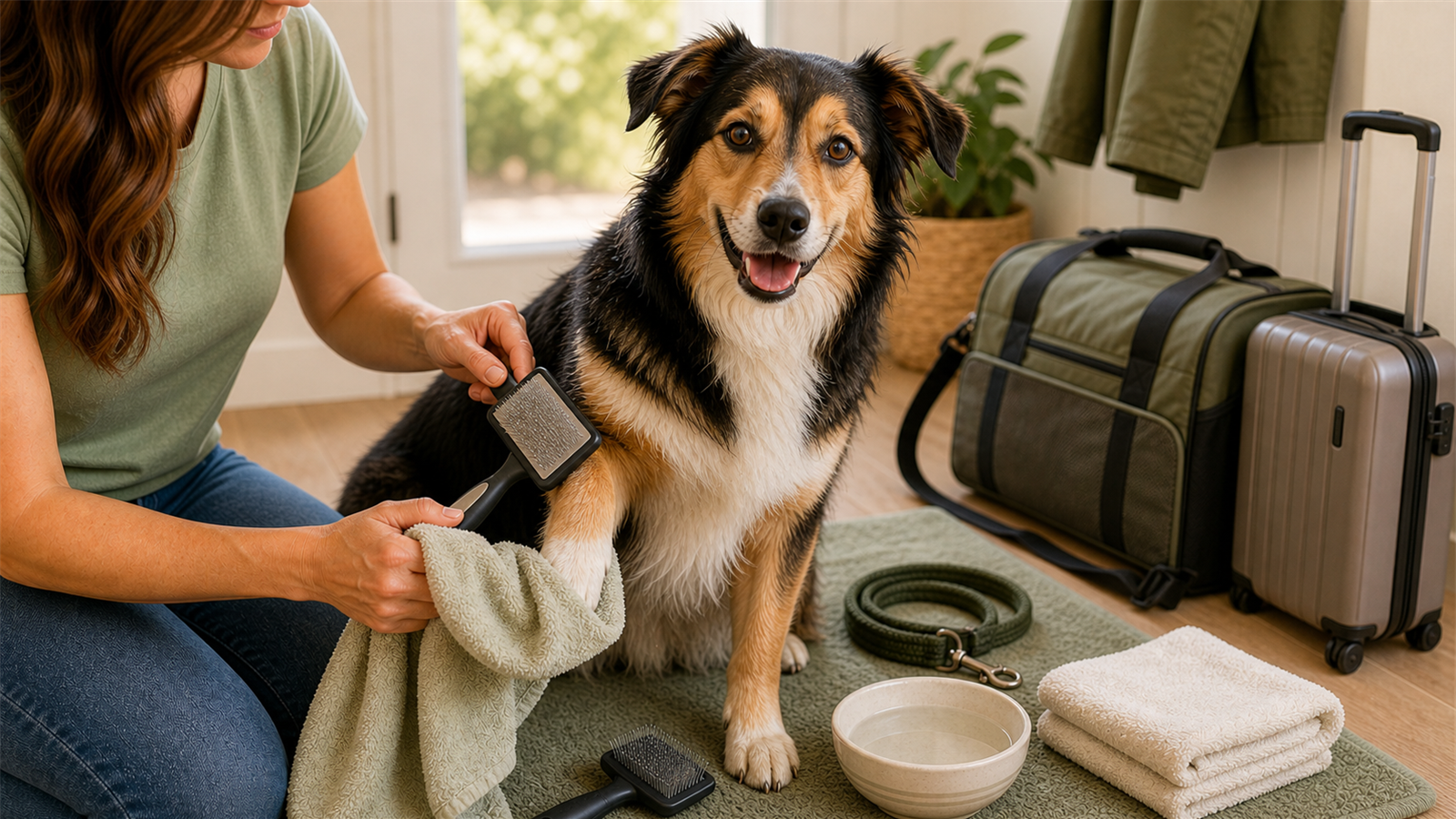 Calm dog being brushed before travel with luggage, towel, leash, and water bowl nearby