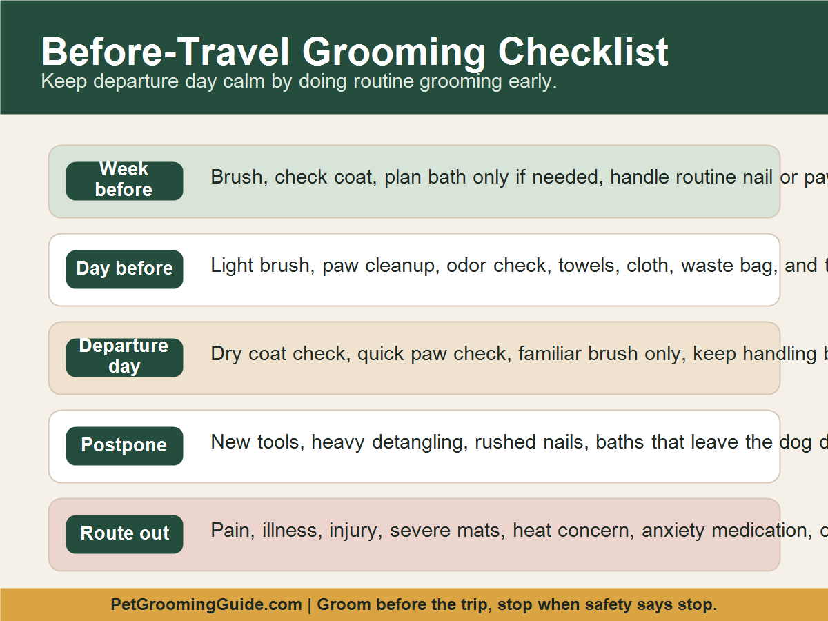 Before-travel dog grooming checklist with week before, day before, departure day, postpone, and route out steps