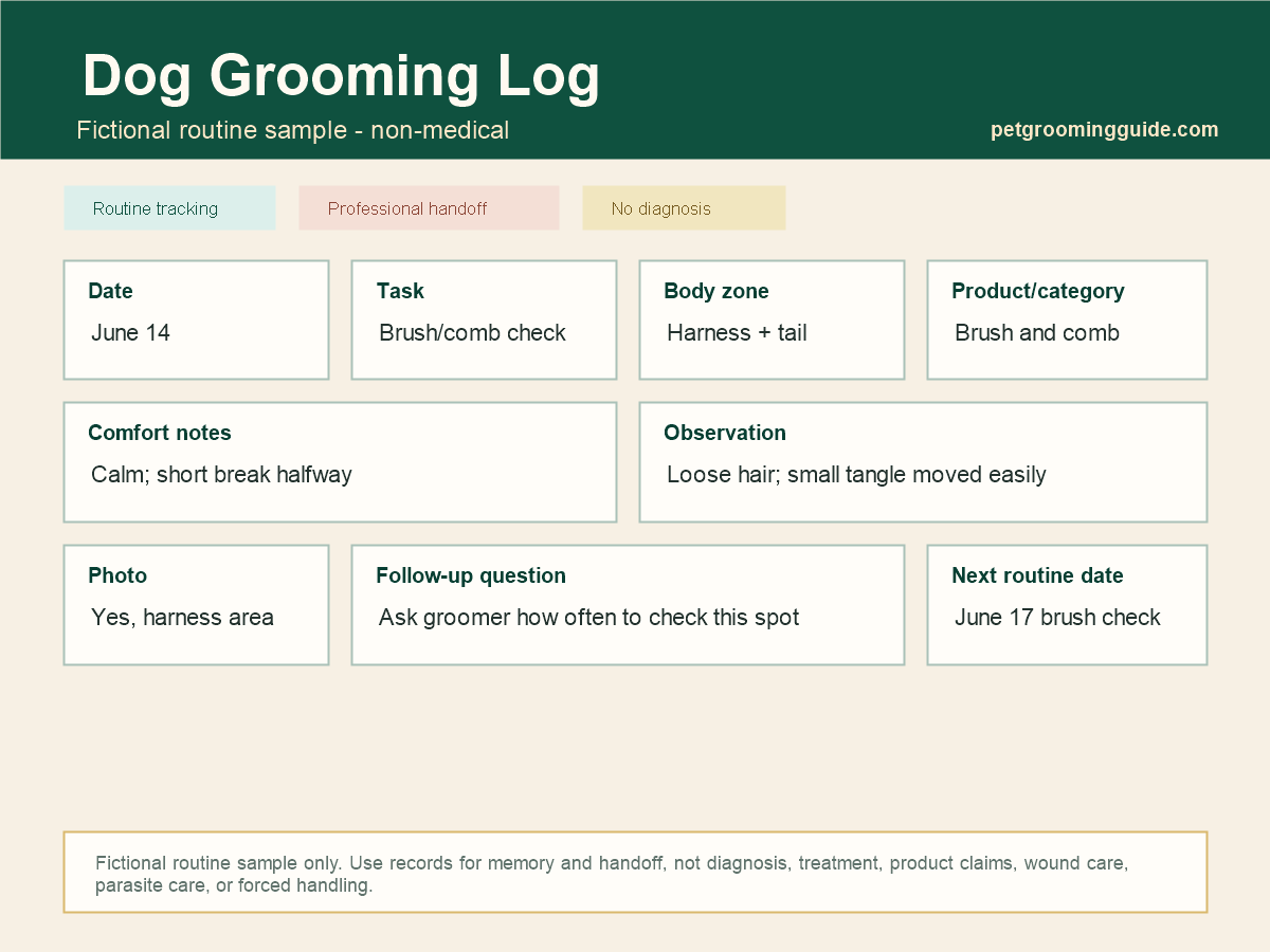 Fictional routine dog grooming log with bath, brush, nail, and paw notes that avoid diagnosis or treatment.