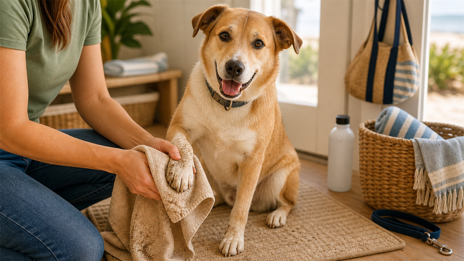 Dog paw being towel dried after a beach day beside beach towels and rinse bottle