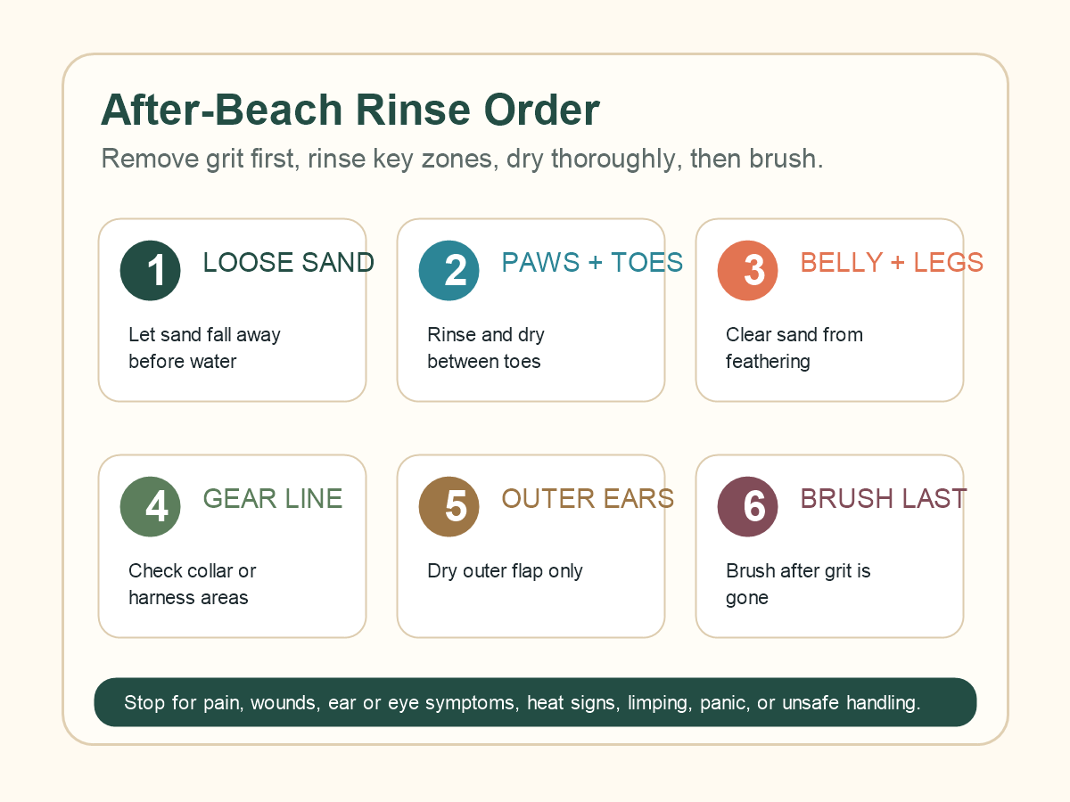 After-beach dog rinse order for loose sand, paws, belly, gear line, outer ears, and brushing last