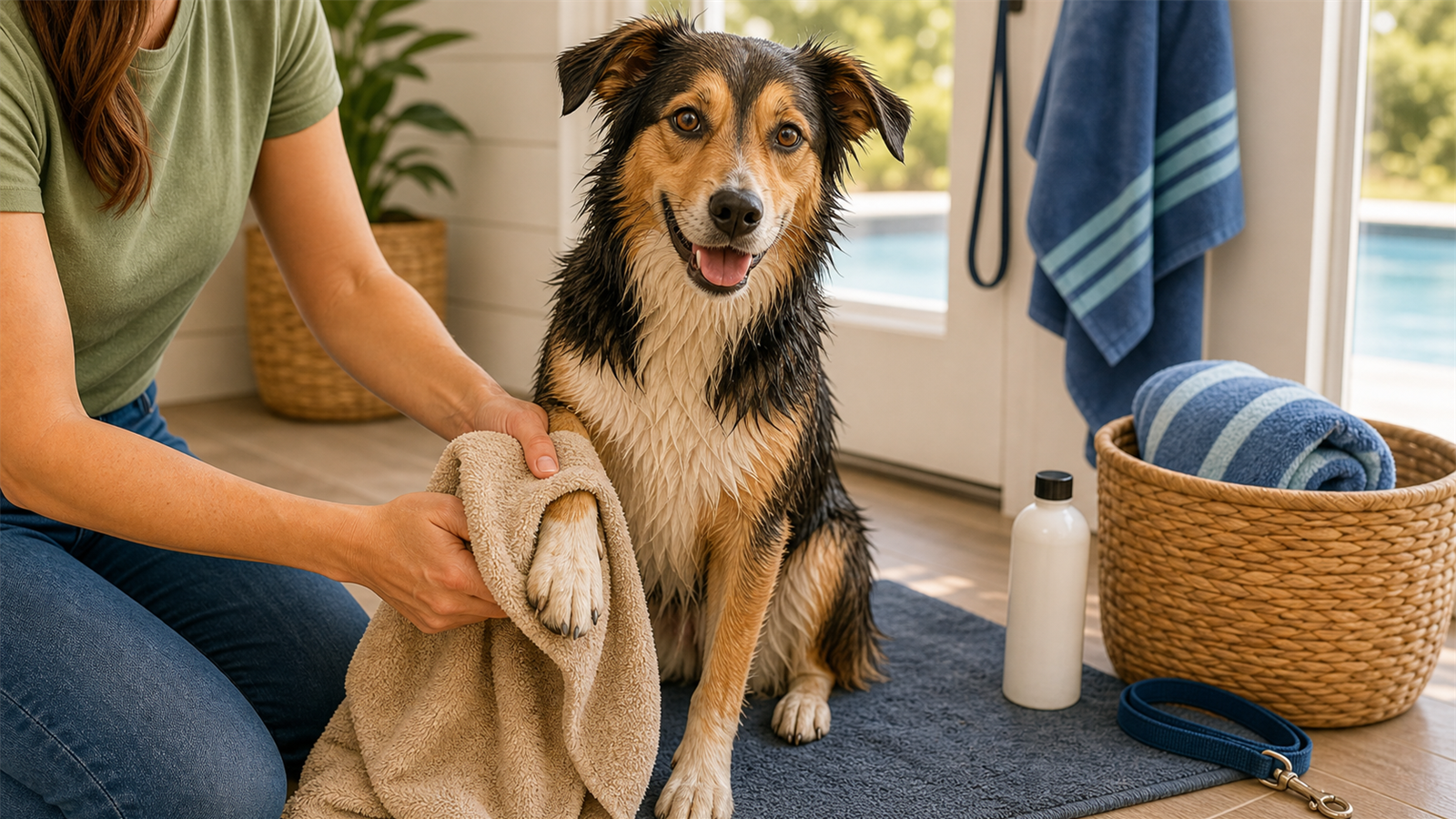 Dog being towel dried after swimming in a pool with a rinse bottle and towel nearby