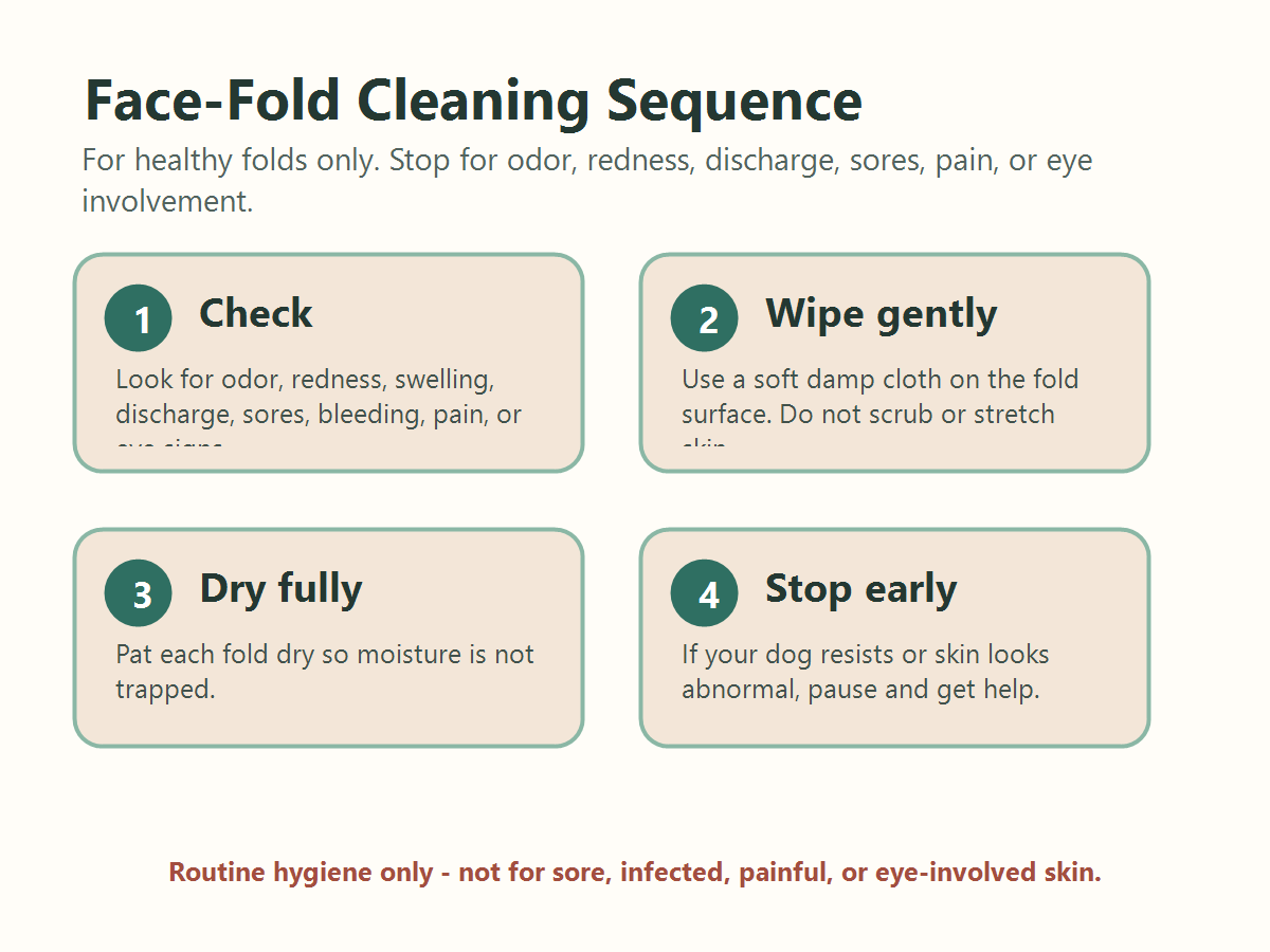 Dog face-fold cleaning steps showing check, wipe, dry, and stop signs