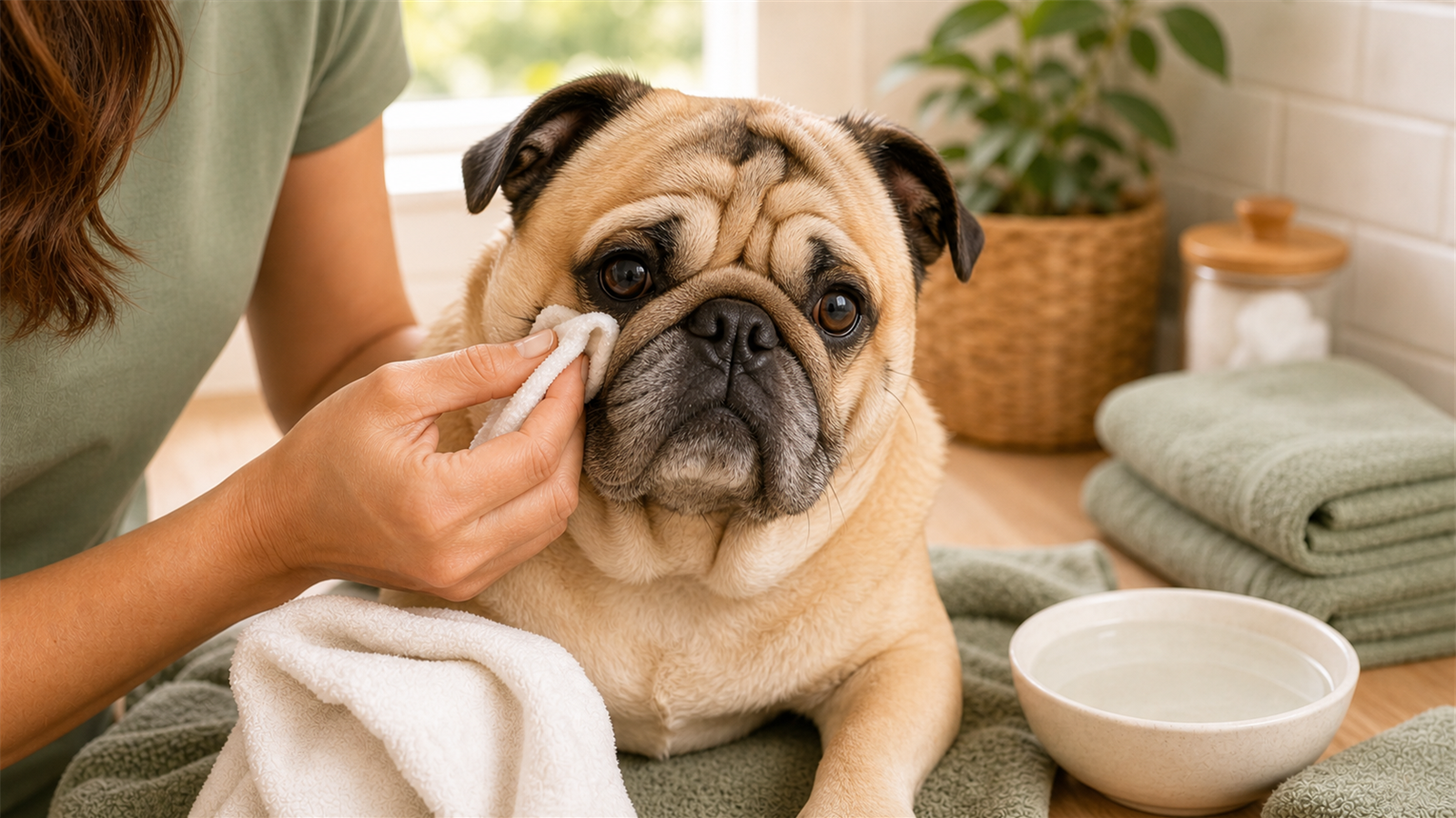 Calm wrinkly dog having a face fold gently wiped with a soft cloth and towel nearby