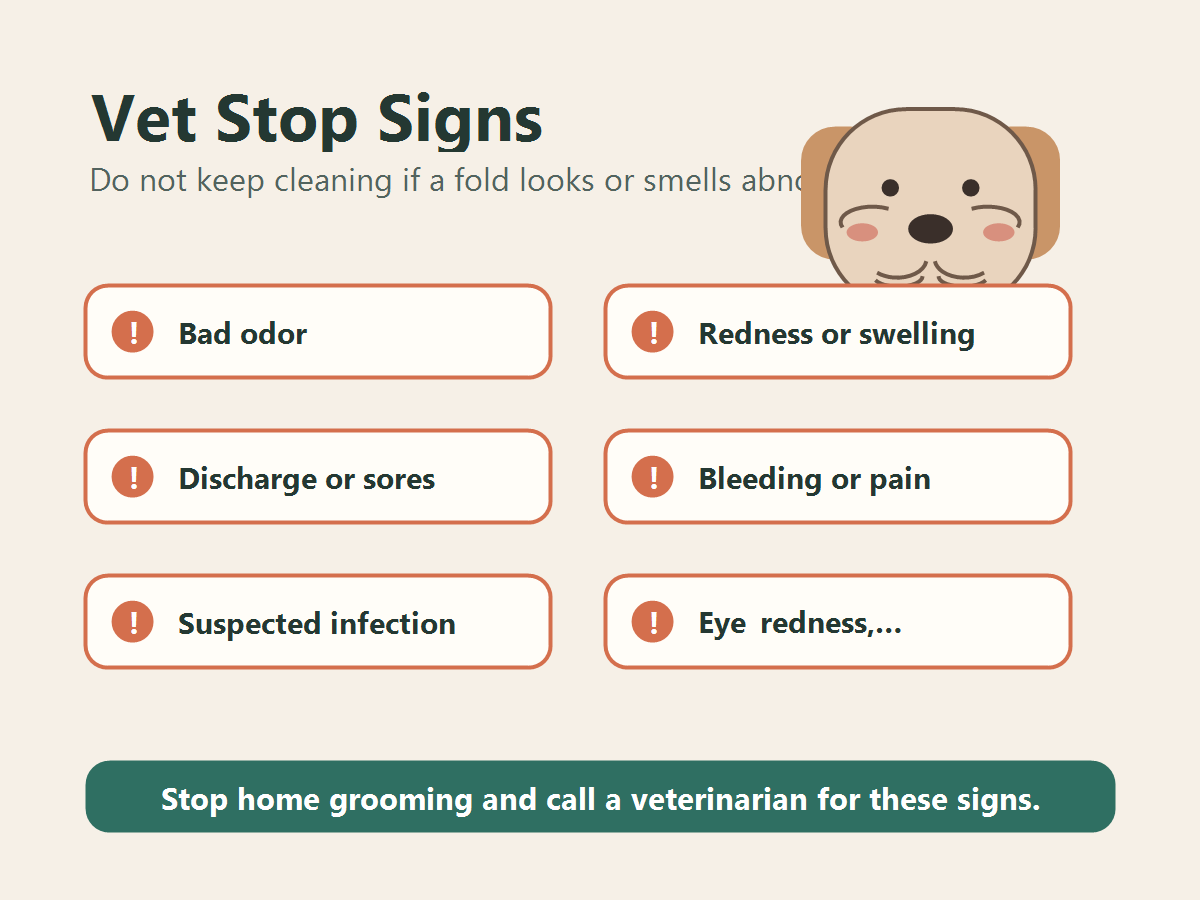 Dog face-fold warning signs including odor, redness, swelling, discharge, sores, pain, and eye involvement