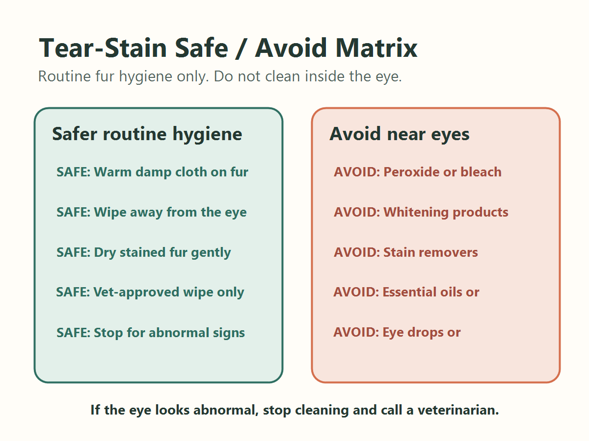 Dog tear-stain safe and avoid matrix for damp cloth use, wiping away from the eye, and avoiding peroxide or whitening products