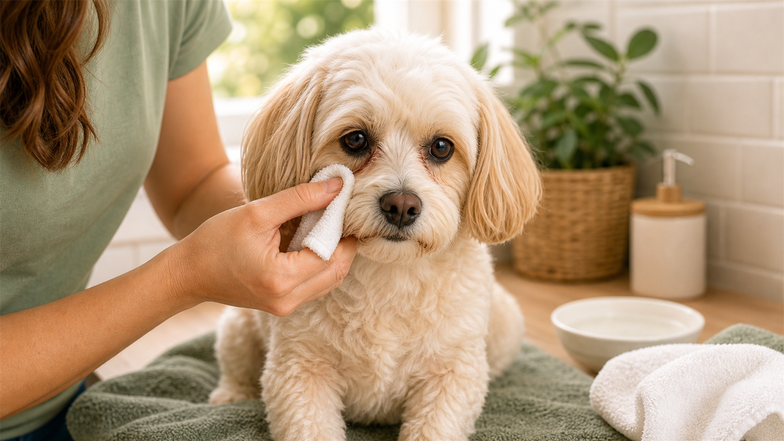 Calm small dog having tear-stained fur gently wiped below the eye with a soft cloth
