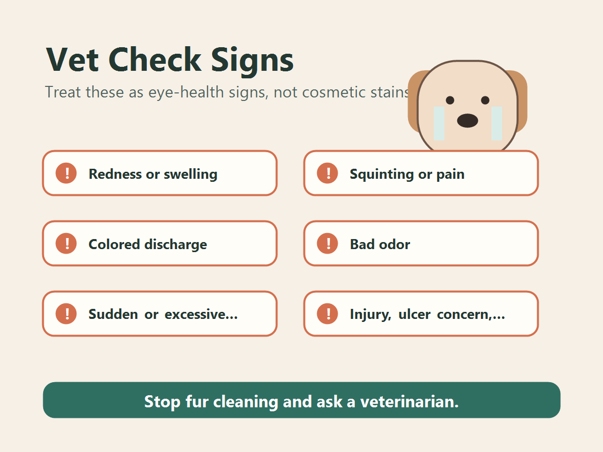 Dog tear-stain vet check signs including redness, pain, colored discharge, odor, sudden tearing, injury, or vision change