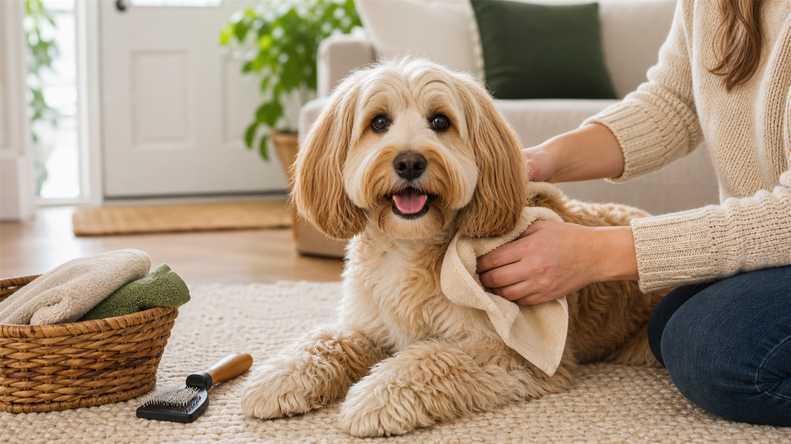 Calm dog being wiped and brushed in a tidy home before guests arrive