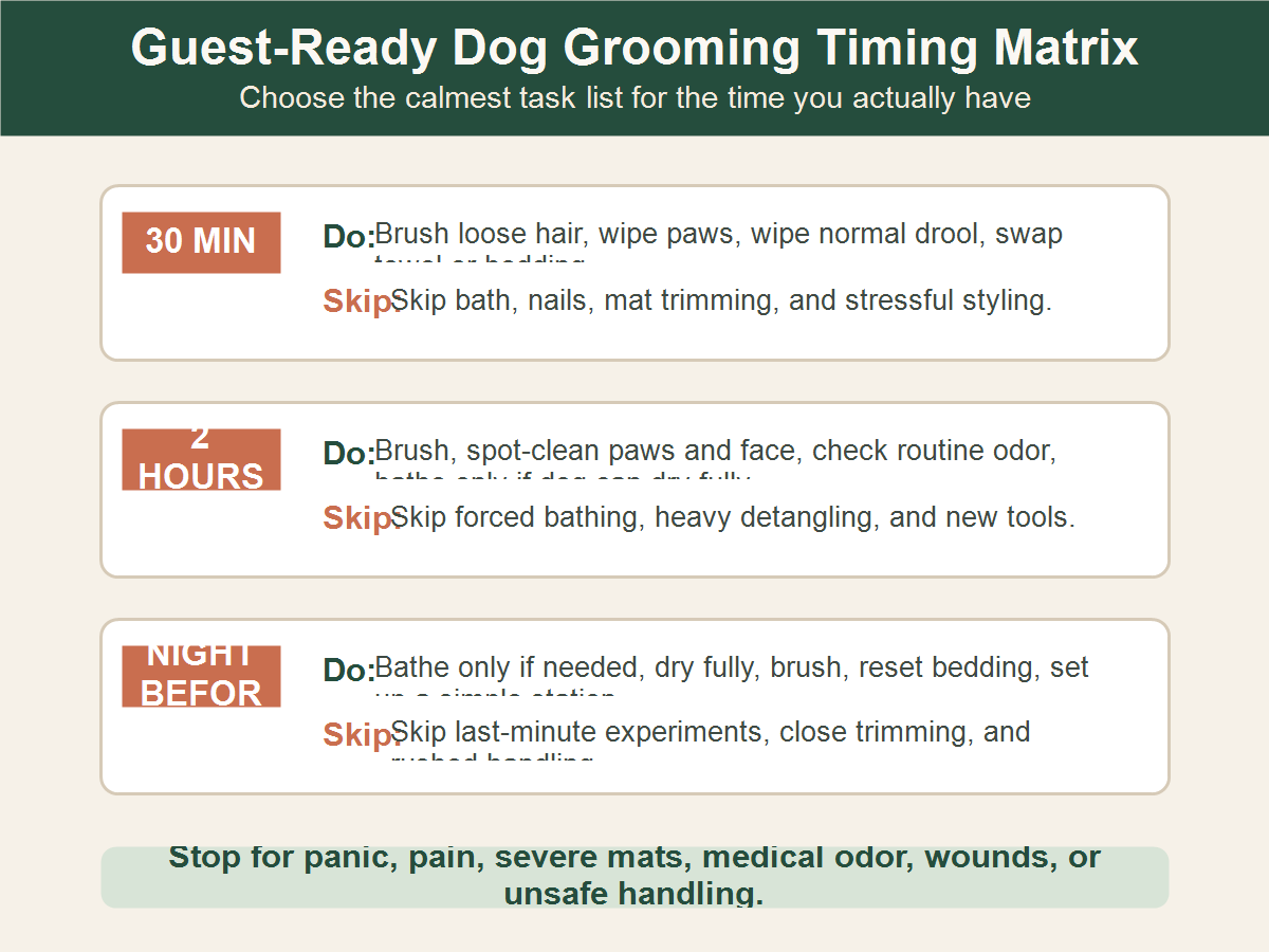 Guest-ready dog grooming timing checklist for 30-minute, 2-hour, and night-before grooming plans with stop rules.