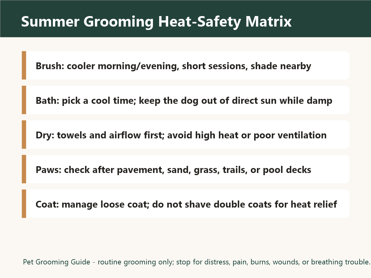 Summer dog grooming heat-safety matrix for brushing, bathing, drying, paw checks, and no-shave boundaries