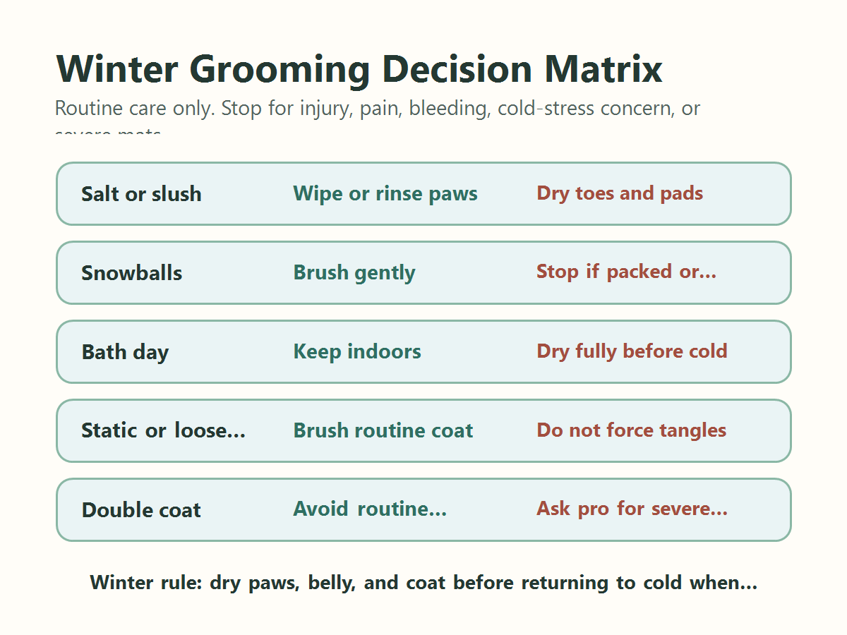 Winter dog grooming decision matrix for salt, snowballs, bath timing, brushing, and dry-before-cold planning