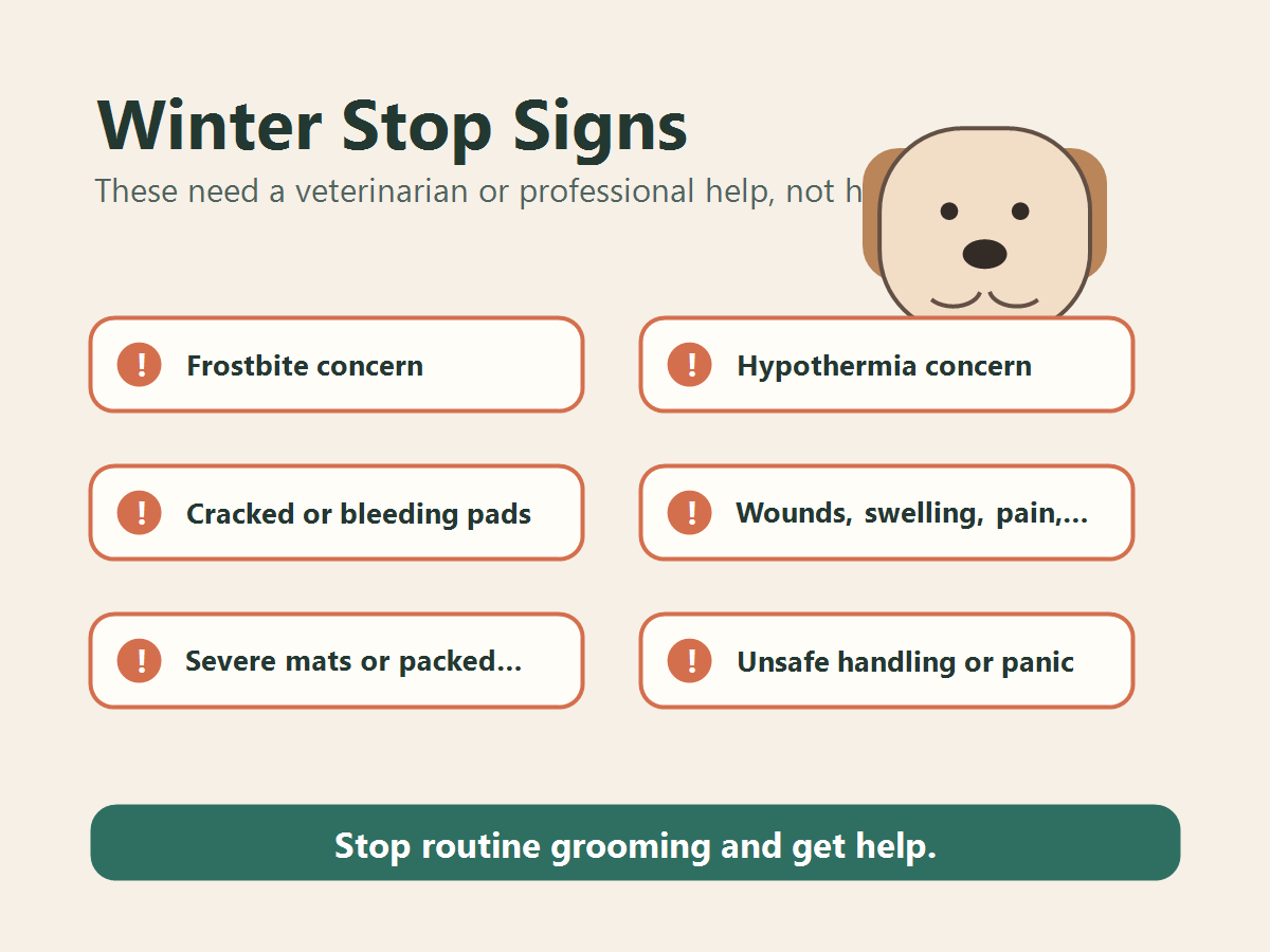 Winter dog grooming stop signs including frostbite concern, hypothermia concern, bleeding pads, wounds, pain, severe mats, or unsafe handling