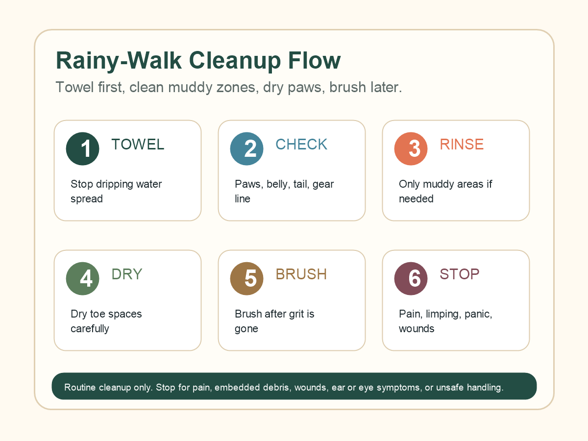 Rainy walk cleanup flow for towel first, zone check, rinse mud, dry paws, brush later, and stop signs