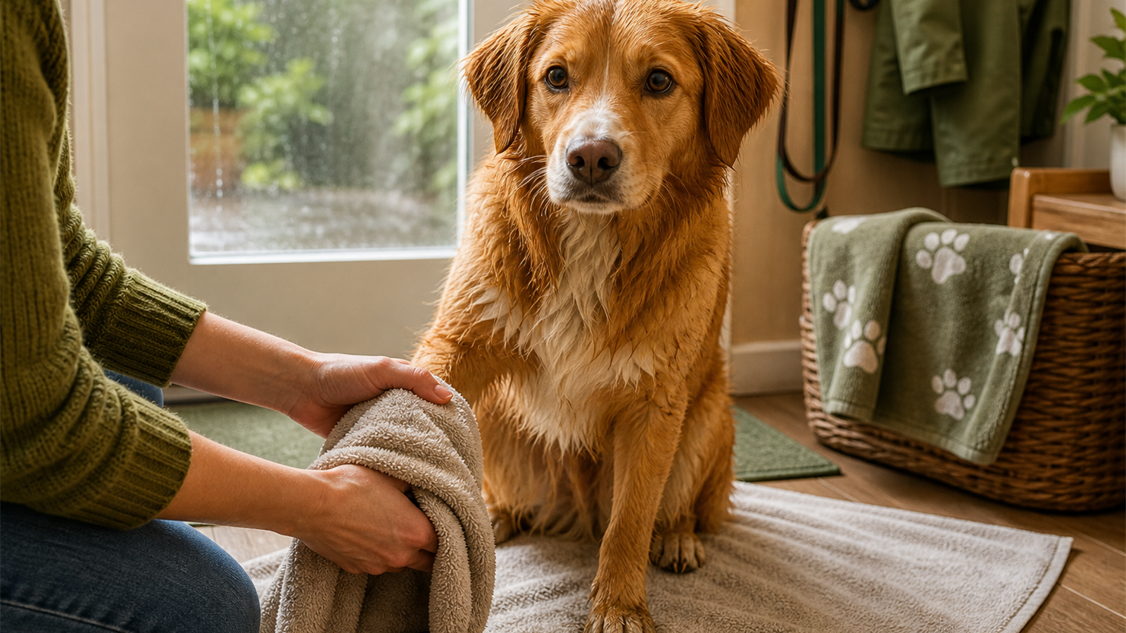 Damp dog on a towel after a rainy walk with a towel ready for paw cleanup